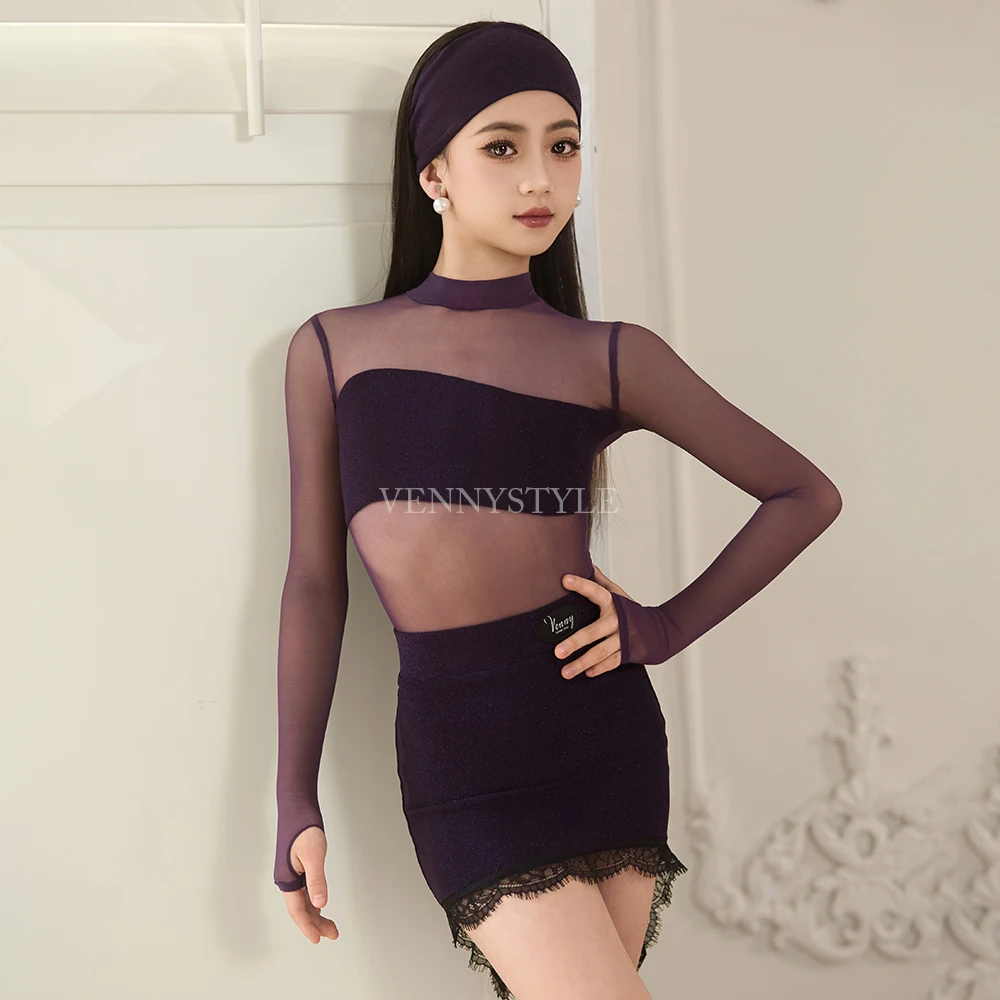 فستان رقص لاتيني ستايل للفتيات، أكمام طويلة شبكية ودانتيل، مجموعة أزياء رقص قاعة الرقص #2