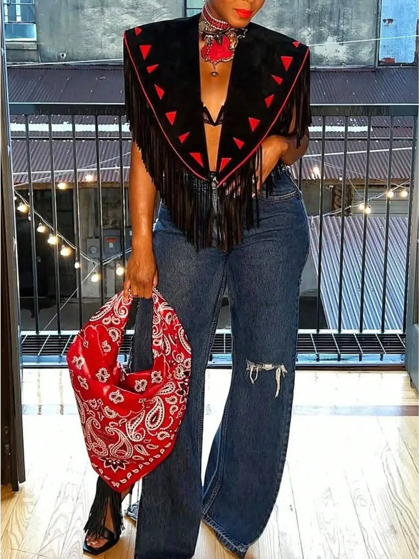 

GLOURI Women Fringe Jacket Sleeveless Black Triangle Trim Suede Cowboy Style Crop Top Vest