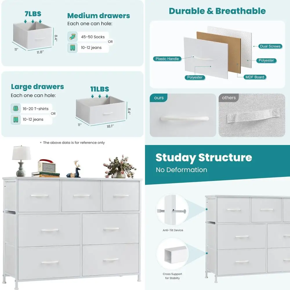 

7-Drawer Bedroom Dresser with Fabric Closet, Wooden Top TV Stand, Metal Frame Organizer for Living Spaces in Classic White