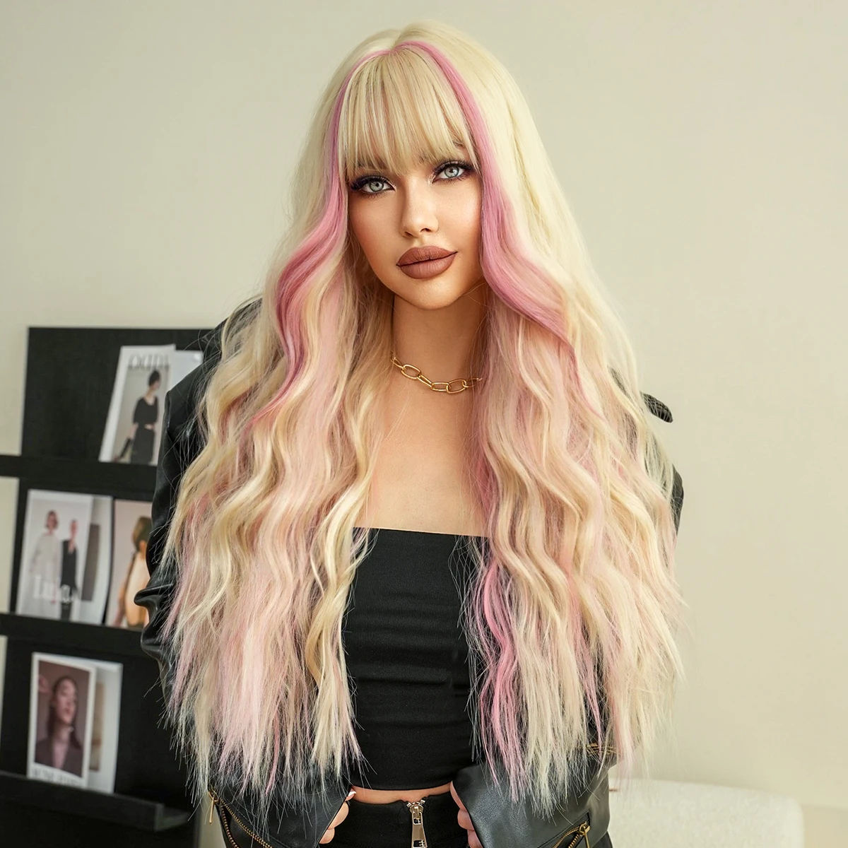 PARK YUN Blonde Wig Long Body Wavy Pink Ombre Blonde Wig for Women Daily Party High Density Synthetic Curly Hair Wigs with Bangs