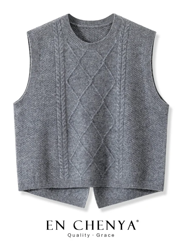 

Autumn Winter Fashionable Woolen Knitted Vest Women's Sleeveless Sweater Back Split Commute Style round Neck Pure Color
