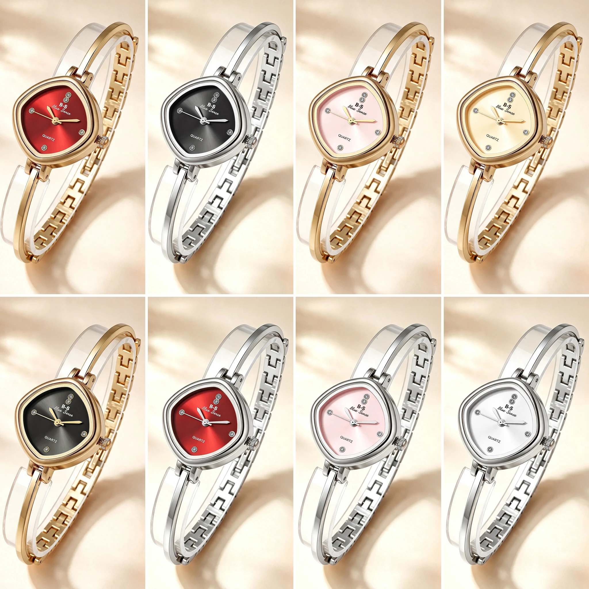 Women Rhombus Quartz Wrist Watch Gradient Dial Rhinestone Decor Gold Alloy Bracelet Elegant Ladies Watch