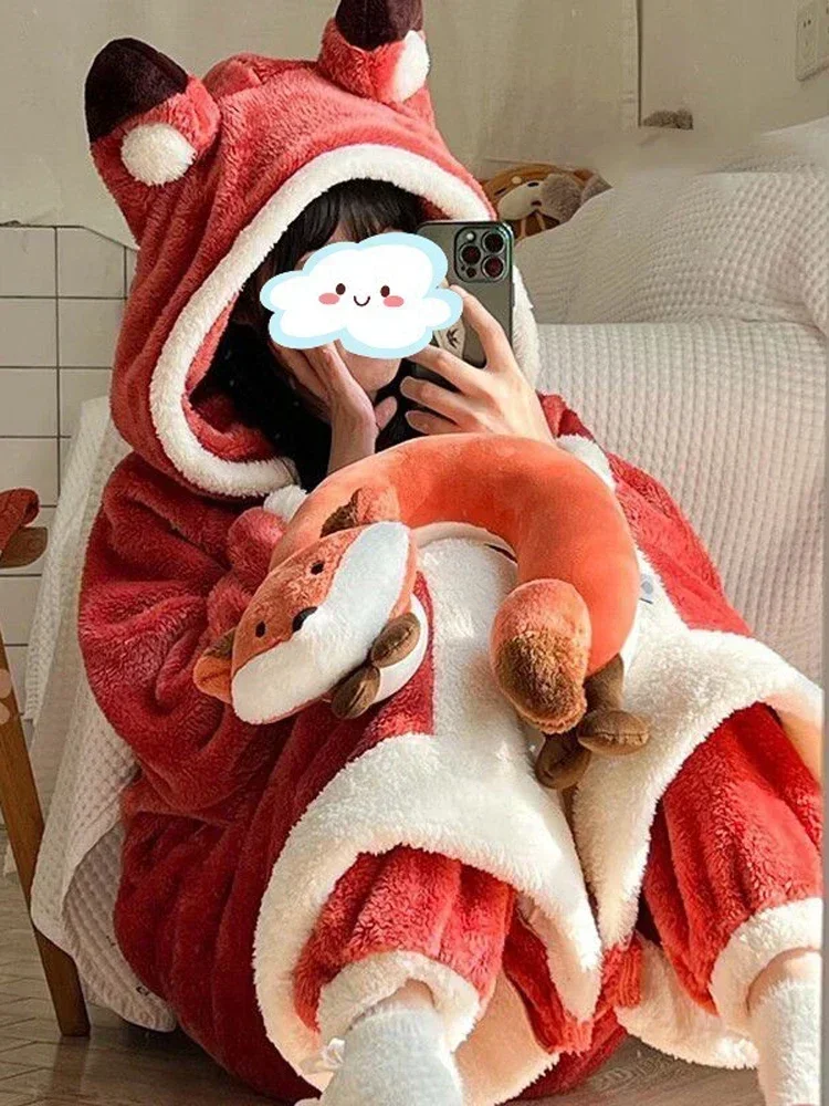 2025 Nieuwe 2024 Winter Pyjama Voor Vrouwen Cartoon Dinosaurus Capuchon Lange Gewaad Leuke Homewear Nachtkleding Dikke Flanel Comfy Lounge AA