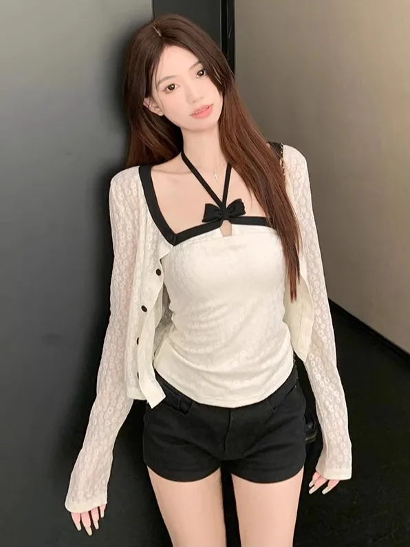 

Retro Lace Long Sleeve Neck Hanging Strap Vest Women's Fashionable Two-Piece Set Autumn New Style Commute Korean Version Slim...