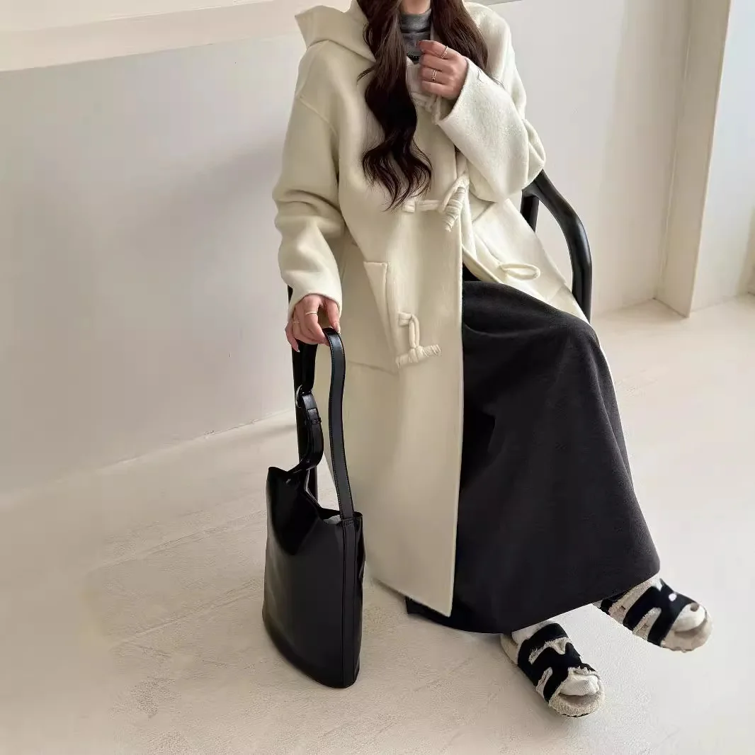 Korean style hooded cow horn buckle double-sided cashmere coat for women, long style, 24 autumn/winter, college style,