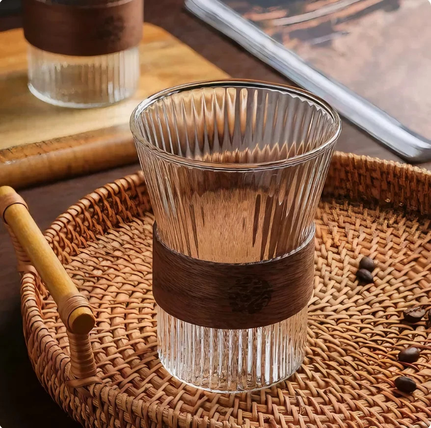 350ML Japanese‑Style Glass Coffee Mug with Walnut Sleeve, Multi‑Purpose Cup for Coffee Tea Beer