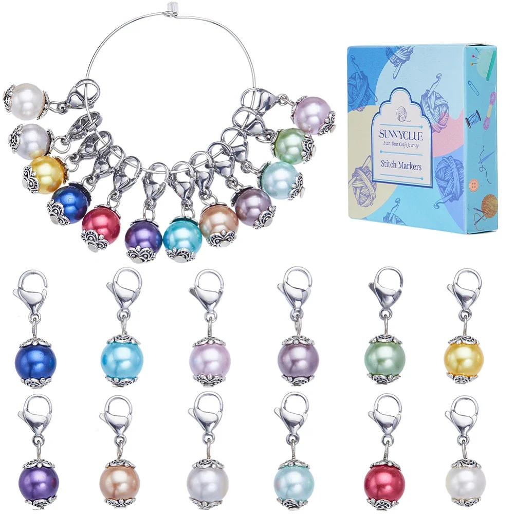 

24PCS Baking Painted Pearlized Glass Pearl Round Pendant Locking Stitch Markers with 304 Stainless Steel Lobster Claw Clasps