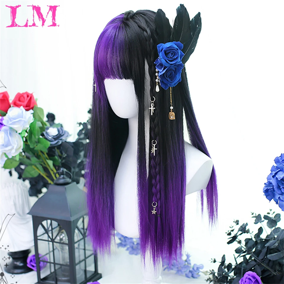 LM Purple Synthetic Wigs With Bangs for Women Long Wavy Straight Hair Wig Natural Cosplay Party Heat Resistant