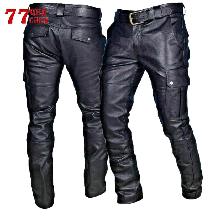 

Mens Leather Pants Solid Color PU Straps Motorcycle Pants Fashion Casual Silm Fit Trousers Male Black Streetwear Plus Size S-5XL