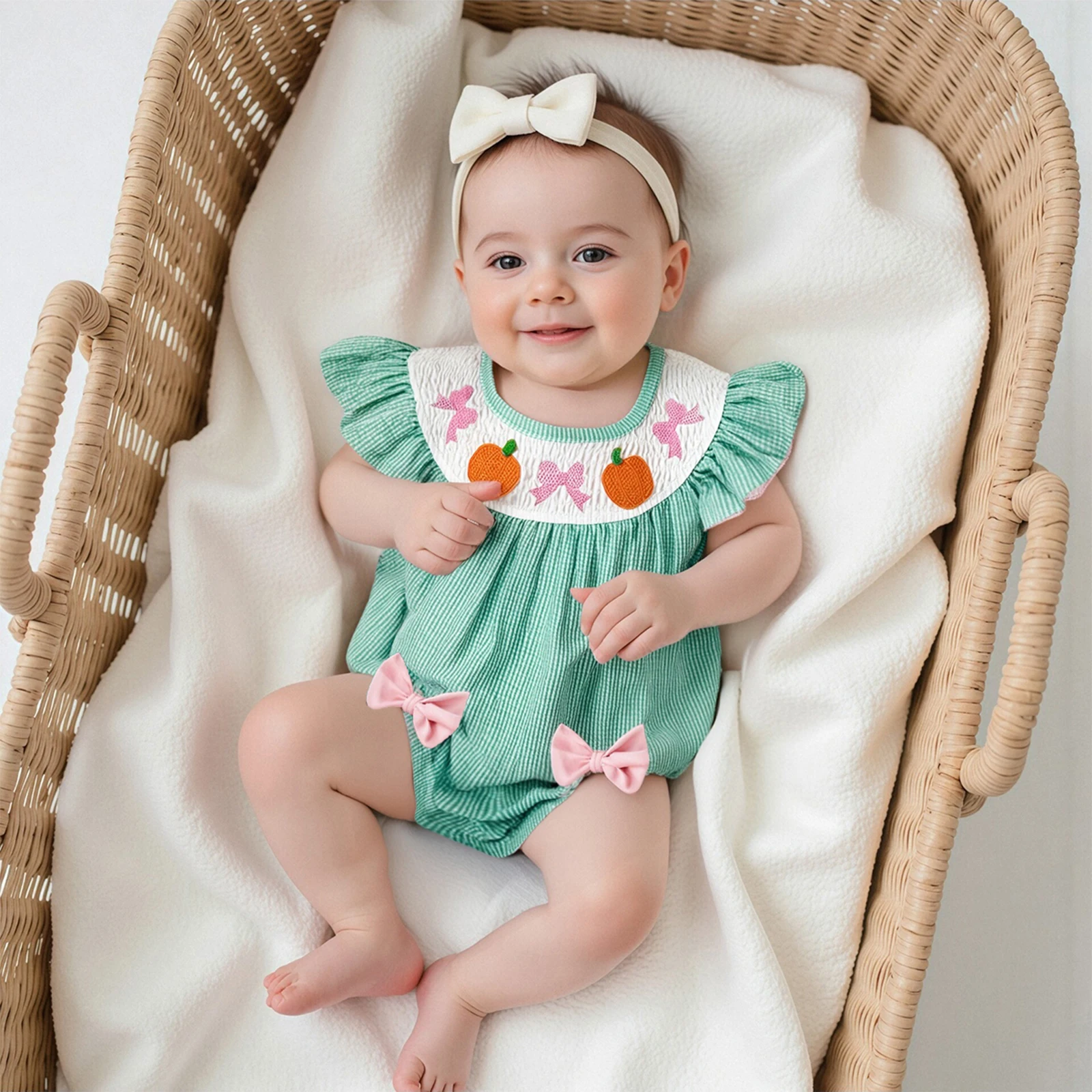 

Baby Girls Rompers Halloween Clothes Pumpkin Bow Embroidery Round Neck Fly Sleeve Bodysuits Jumpsuits