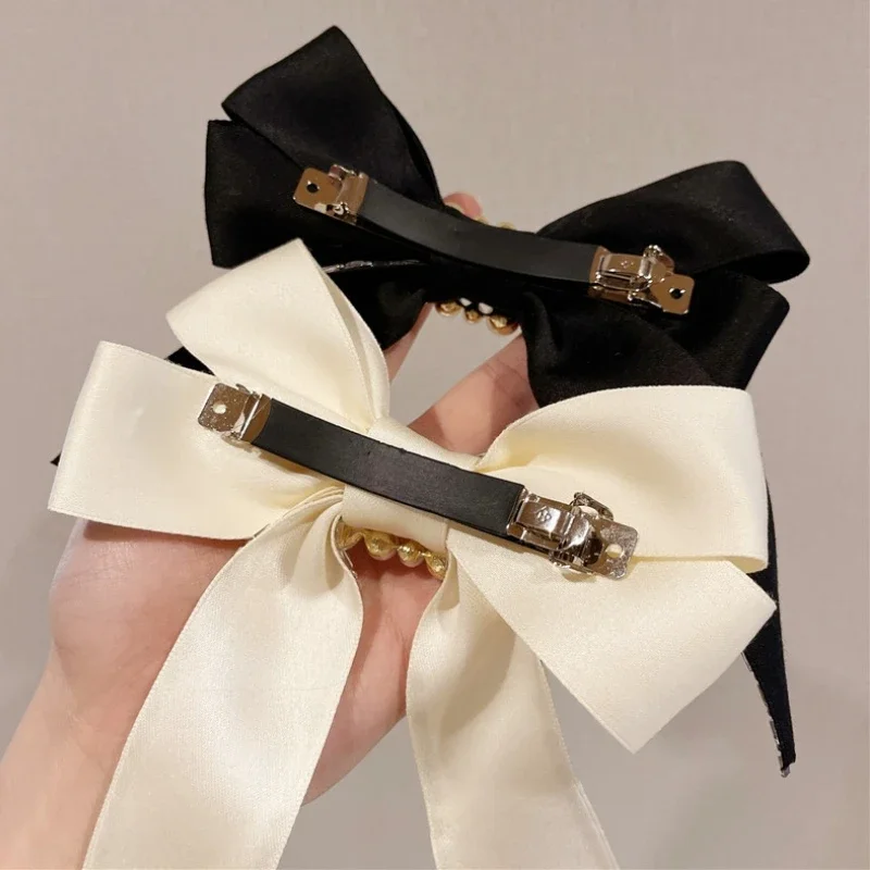 Retro Bow Hair Clip Barrettes Temperament Pearl Rhinestone pin Big Bow-knot Spring Women grip for Girls  Accessories