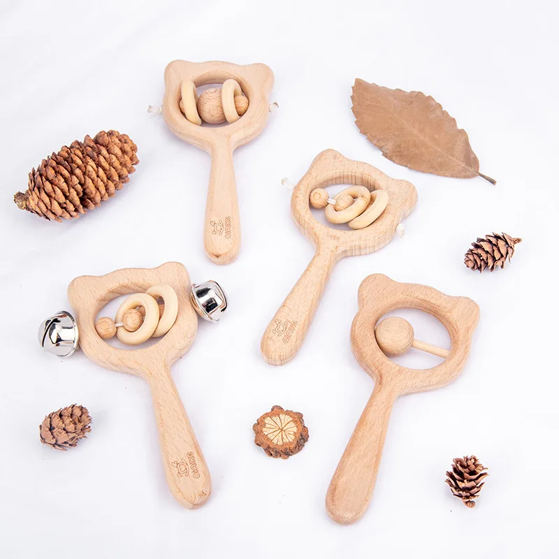 Baby Music Rattle Toys Natural Beech Wood Chew Play Gym Hand Grab Ability Training Montessori Educational Teether Newborn Gift