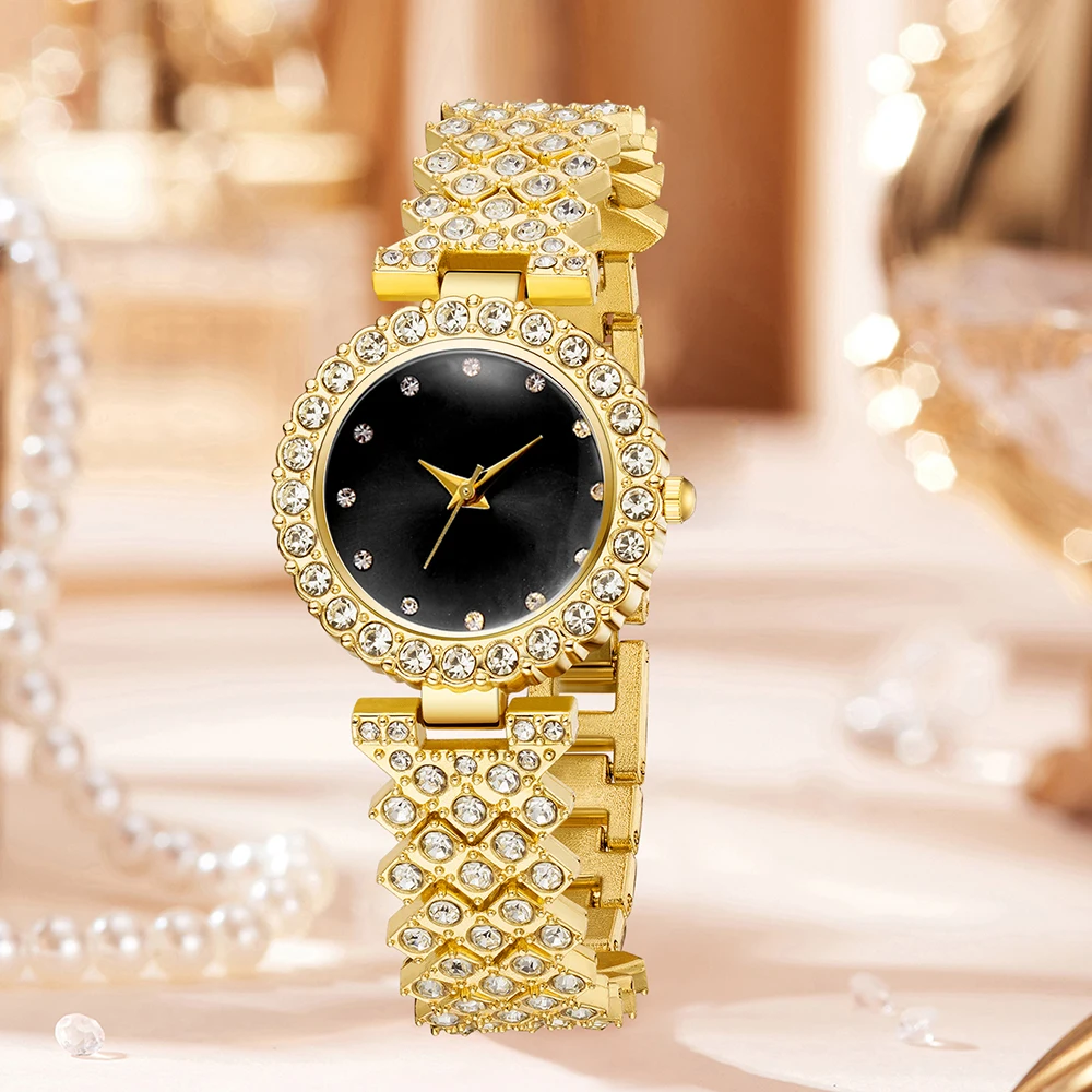 5pcs Women's Watch Elegant Quartz Watch Alloy Strap Gold and Alloy Square Bracelet Necklace Earrings Watch Set