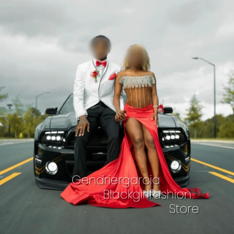 Vestidos de cóctel con vaina de diamantes rojos, nuevos vestidos negros con abertura lateral larga para niñas, vestidos de cumpleaños, vestidos de noche de fiesta personalizados