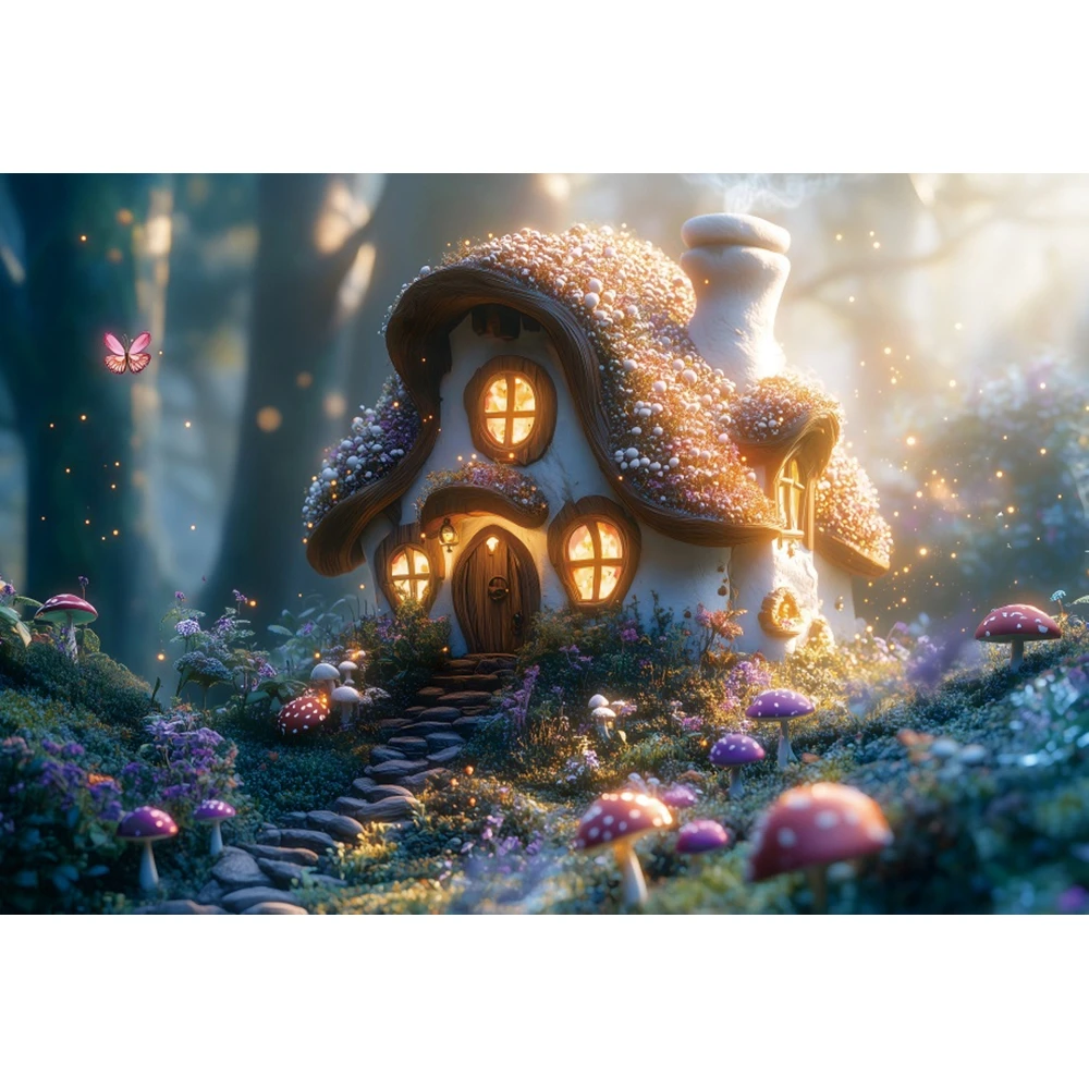 Dreamy ฤดูใบไม้ผลิการถ่ายภาพฉากหลัง Fairy Tale สีเขียวป่าปราสาทหนังสือผีเสื้อเห็ด Party Decor Portrait Photo Props