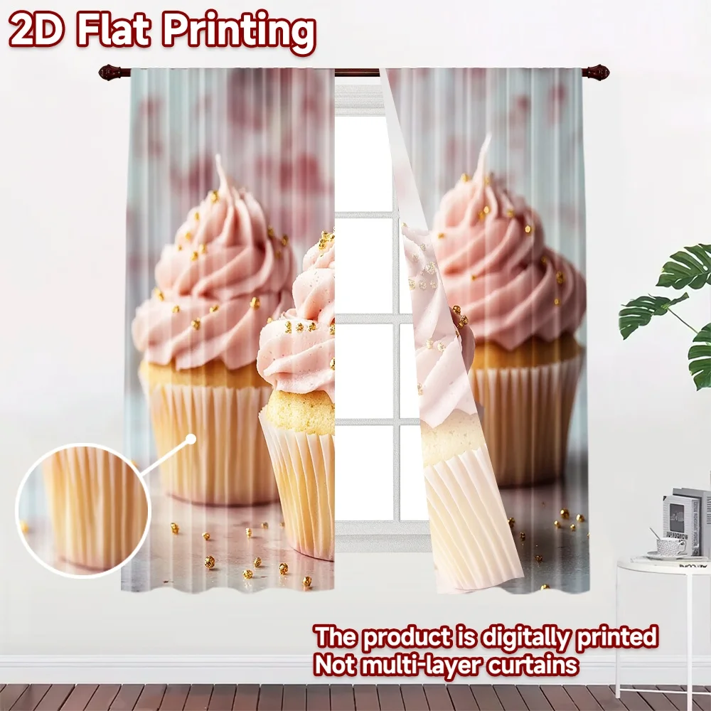 2D flat 2pcs Curtain French Romantic Style Birthday Pink Cupcakes Durable polyester fiber Birthday Party for Booths Studio