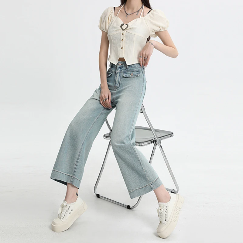 Korean Reviews Many Clothes Women 2024 New Summer Wide Leg Pants Fashion Ice Silk Drape Thin and Slim Eight Quarter Short Jeans