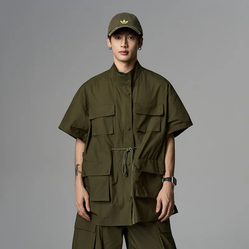 HKSH Summer New Men's Tide Chic Ins Vintage Niche Safari Style Drawstring Pants Pockets Short Sleeved Shirts Casual Set HK25422