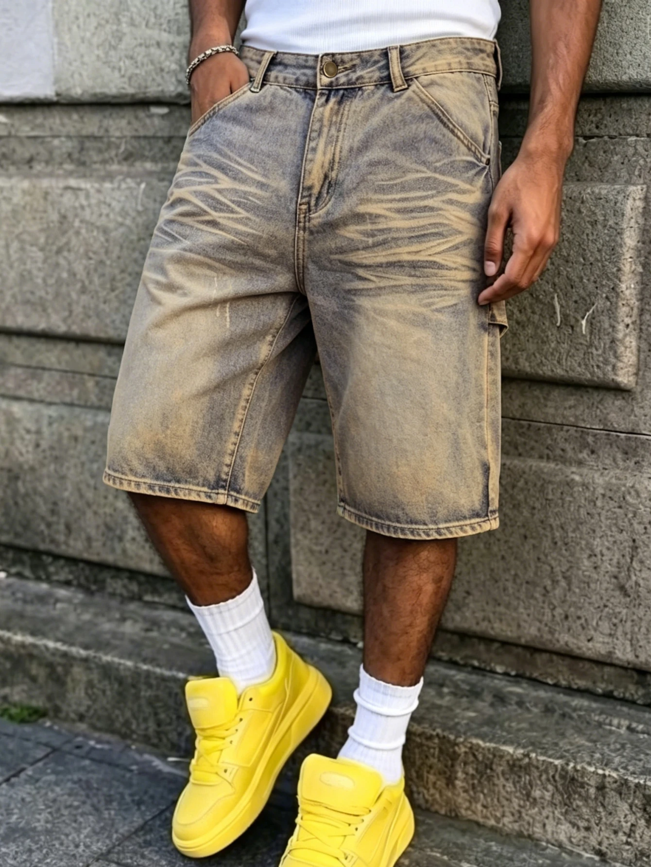 Men Vintage Mud Wash Cargo Denim Shorts Multi Pockets Loose Knee Length Workwear Jeans Shorts Streetwear 70% Cotton XS-XXXL