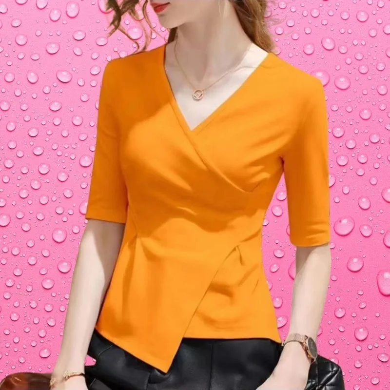 4XL 2023 Women Summer Blouses V-Neck Lady Fashion Casual Short Sleeve Office Sexy Solid Color Clothing Tops & Tees WY0856