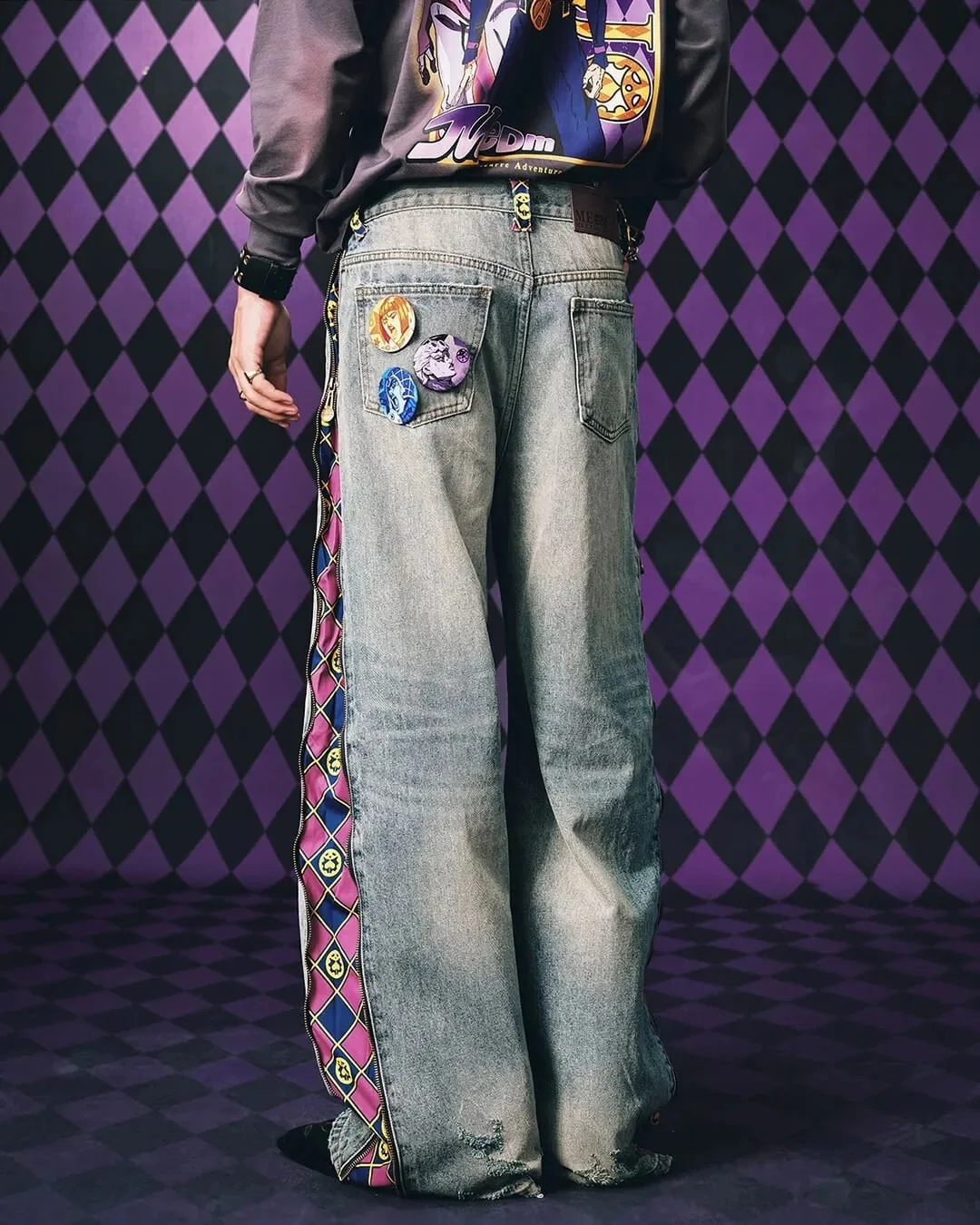 JoJo Anime Zip Off Panel Jeans Men Women High Waist Wide Leg Detachable Print Denim Pants Purple Gold Patchwork Straight Jeans 4 JoJo Anime Zip Off Panel Jeans Men Women High Waist Wide Leg Detachable Print Denim Pants Purple Gold Patchwork Straight Jeans 4