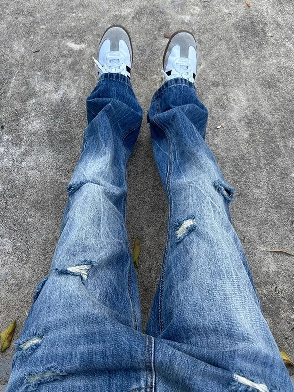 

Мужские джинсы большого размера (до 300 фунтов), в стиле High Street, с эффектом потертости, слегка расклешенные, прямого кроя, из денима, для повседневной носки, летний сезон