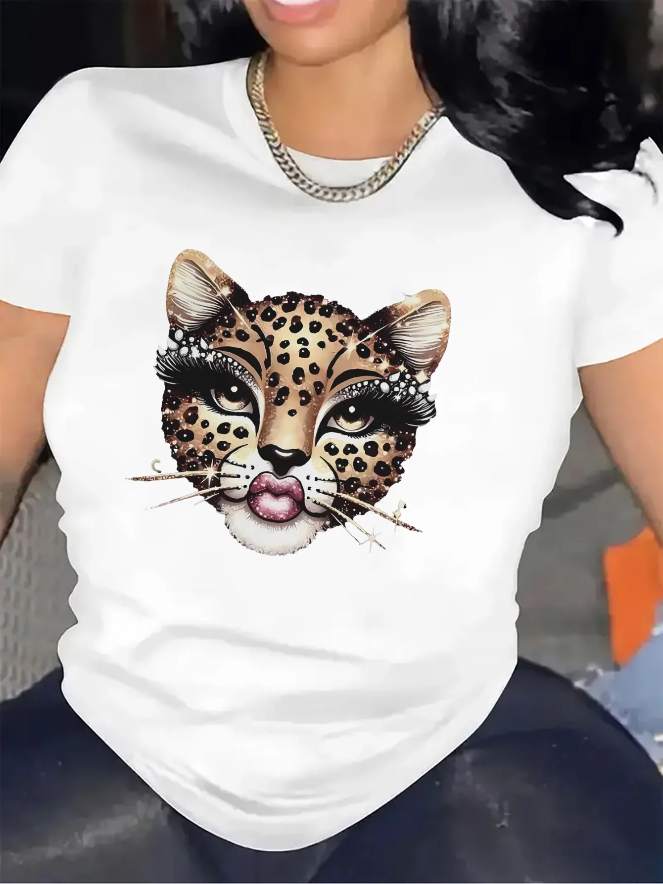 Leopard Print Women's T-shirt Is Perfect for Casual Wear in Restaurants or Living Rooms, Featuring Fashionable Animal Patterns