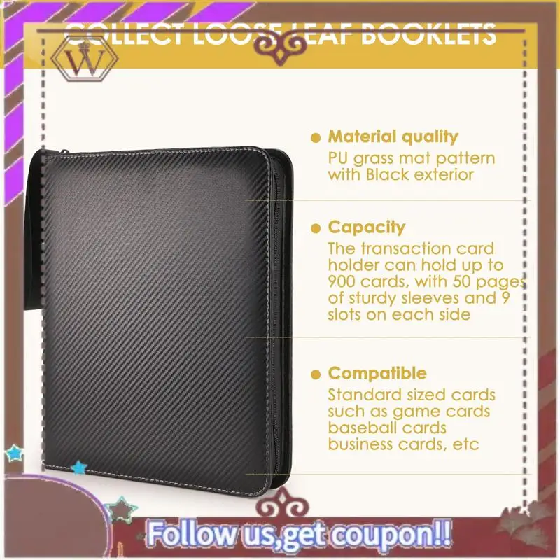 ABBG-Trading Card Binder, 9 Pockets Baseball Card Binder Sleeves With Zipper, Card Case For Game/Football/Baseball Card