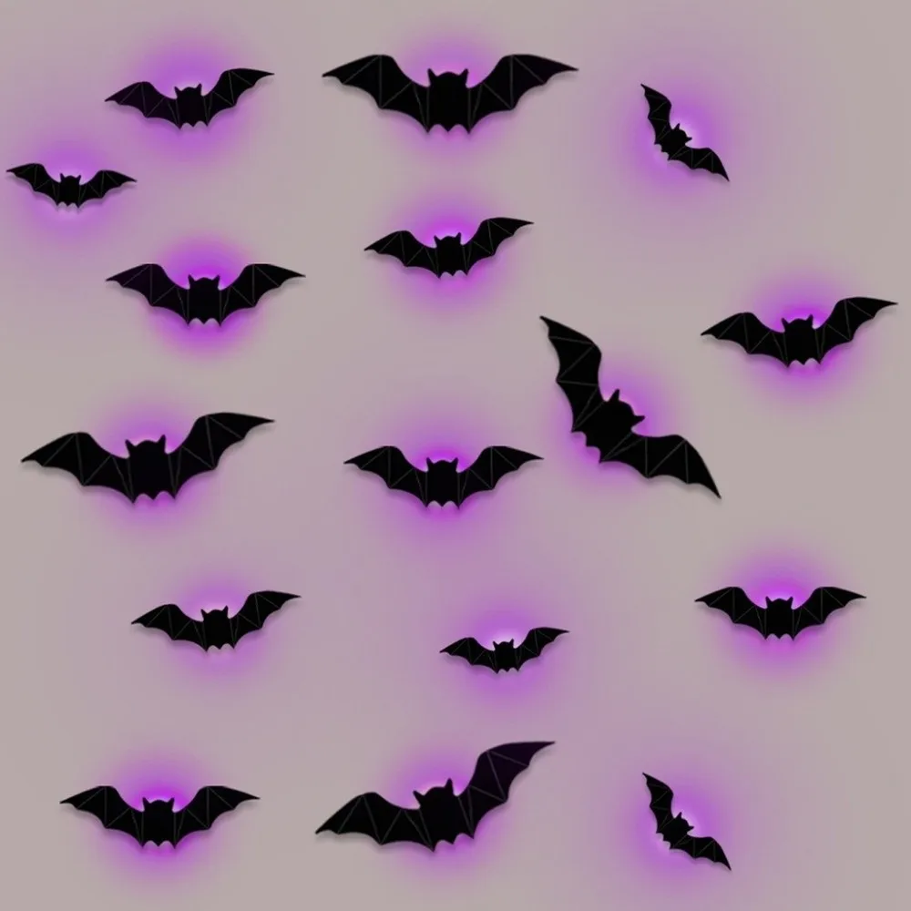 16pcs 3D Luminous Bat Wall Sticker PET Material Stereoscopic Glowing Wall Sticker Removable Glow in Dark LED Bat Light