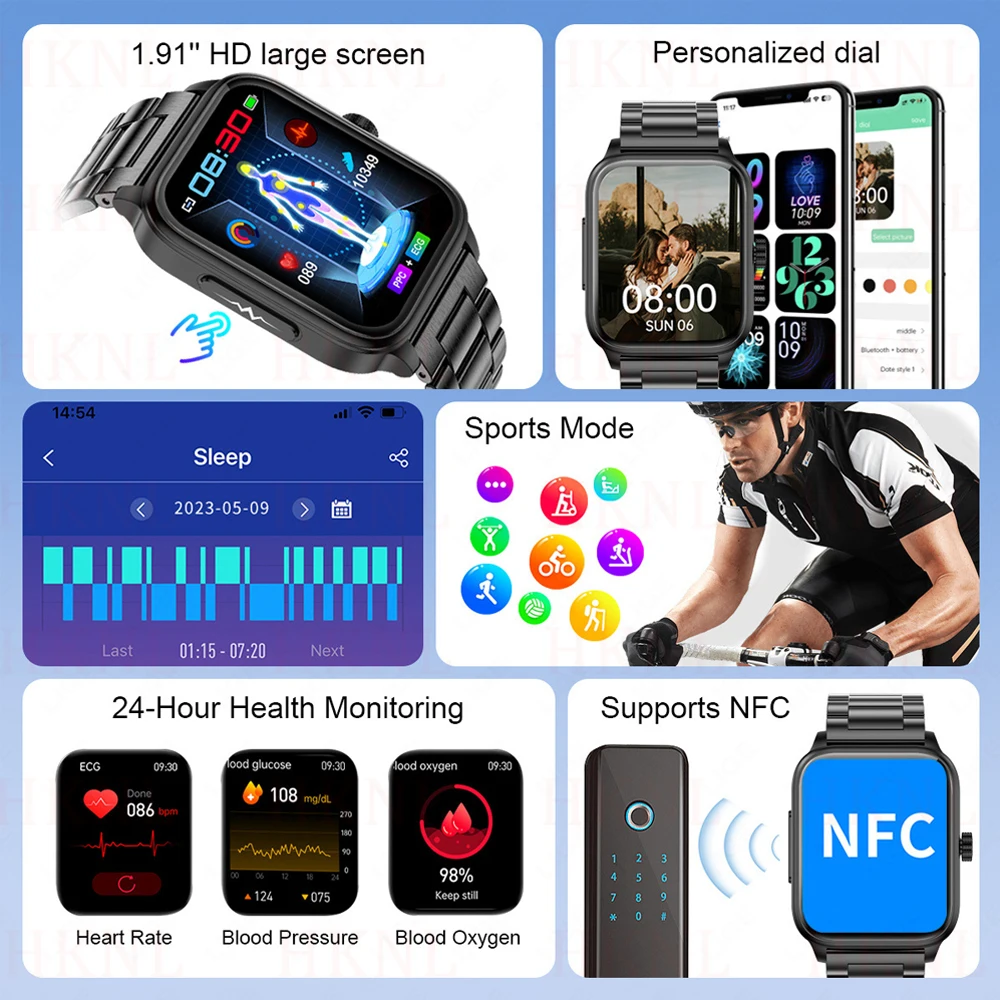 Smart Watch 1.91 "quadrato display a grande schermo con ECG ossigeno nel sangue frequenza cardiaca Ip67 resistente all'acqua Smart Watch orologio sportivo da uomo