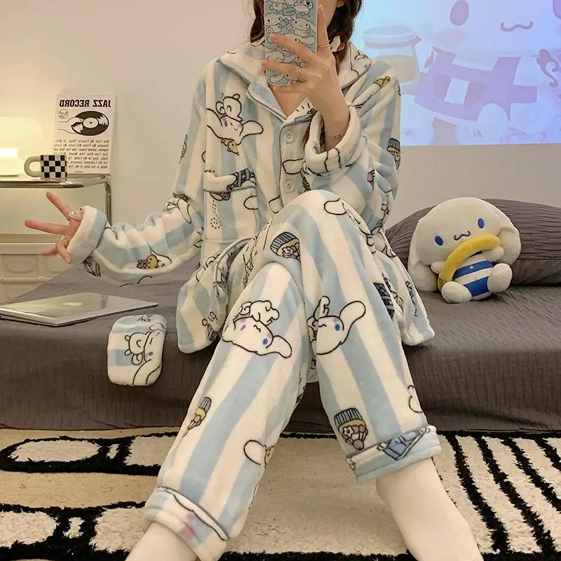 Miniso Girl Flannel Cardigan Flip Collar Keep Warm Pajama Set Kawaii Cinnamoroll Comic Student Thickening Go Out Leisure Wear