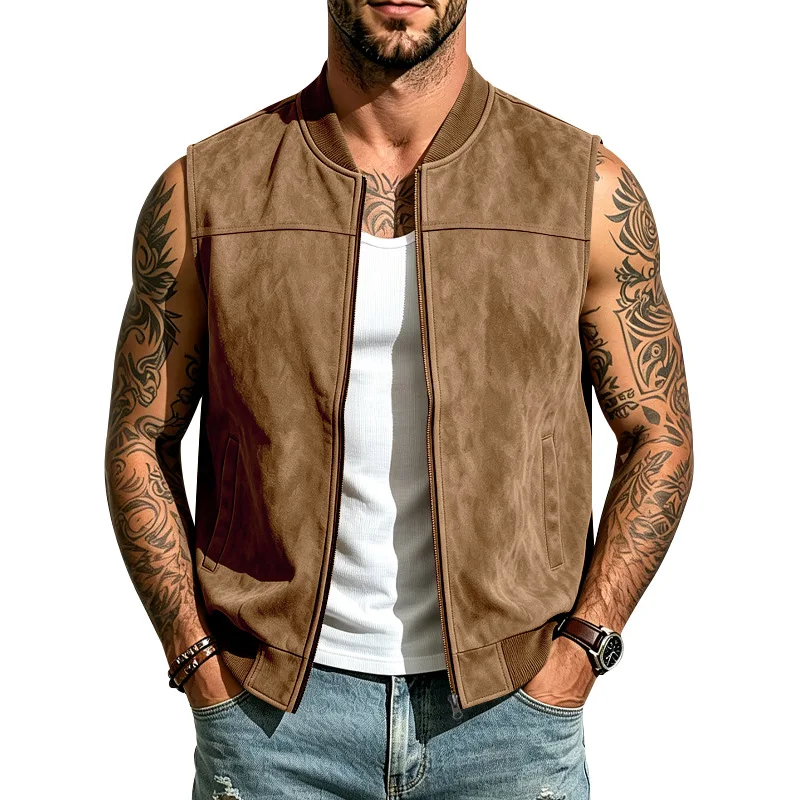Men Bomber Collar Faux Suede Full Zip Vest Sleeveless Waistcoat Side Pockets Loose Casual Streetwear Autumn Winter Outerwear
