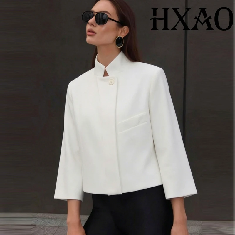 

HXAO White Blazer Woman Cropped Jacket Fitted Office Wear Button Blazer Women Asymmetric Demi-Season Women's Fashion Jackets
