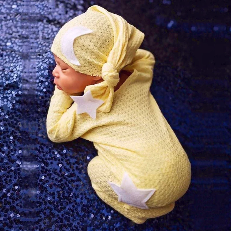 Newborn Baby 0 1 2 3 Months Photography Clothes Star Moon Decorative Knitted Jumpsuit Long Tail Hat Two-piece Suit Footed Romper