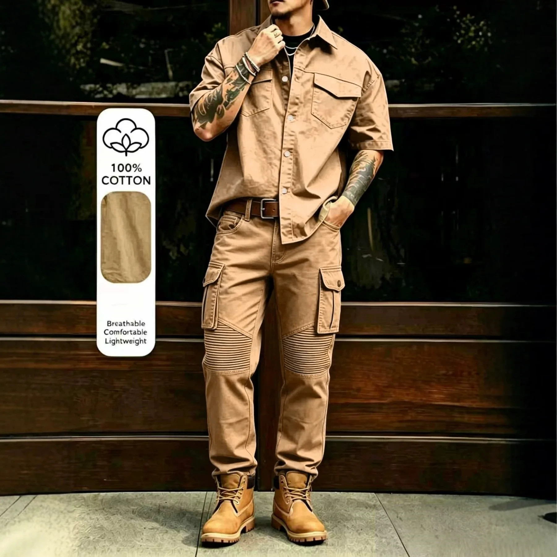 New Men's Casual Workwear 100% Cotton Multi-Pocket Short-Sleeved Shirt and Pants Set - H0448 view 5
