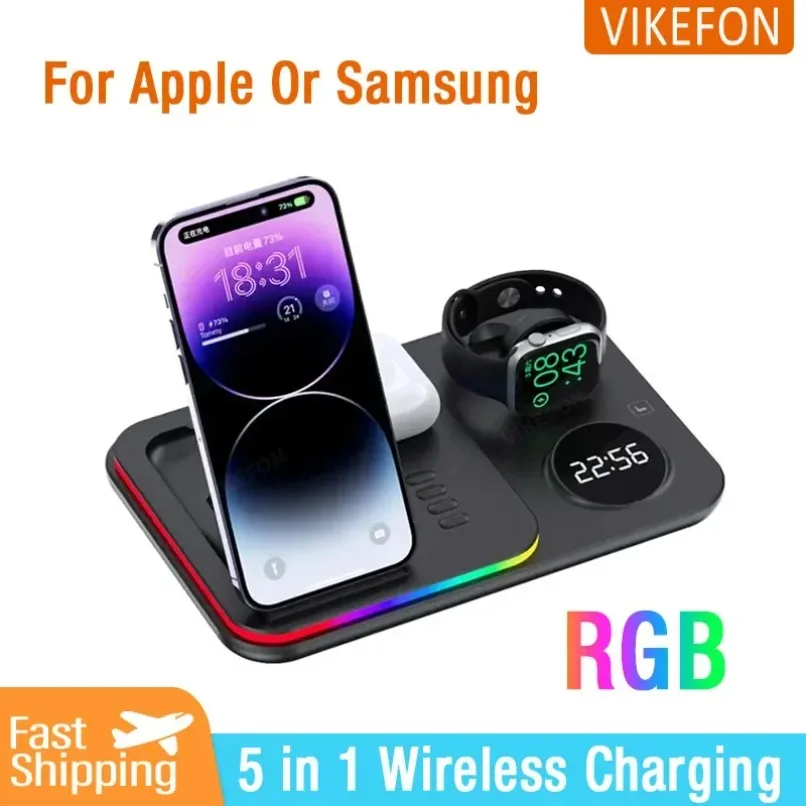 With RGB Wireless Fast Charger Stand Digital Clock Charging Station For iPhone 17 16 15 Samsung S26 S25 S24 Phone Watch Earbuds