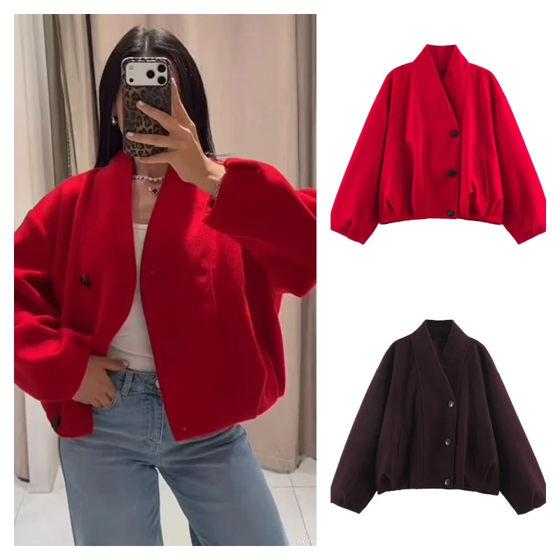Women V Neck Wrap Short Woolen Coat Single Breasted Batwing Sleeve Loose Cropped Jacket Autumn Winter Casual Outerwear