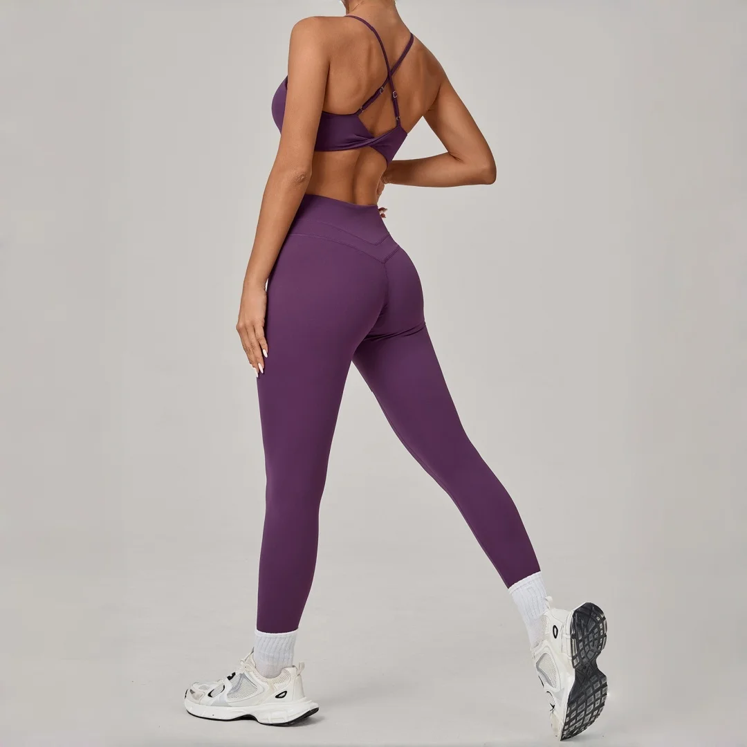 

Women's Tight Backless Yoga 2pc Set High Waist Peach Hip Sports Bra Pants Fitness Suit Running Workout Clothes Gym Sportswear