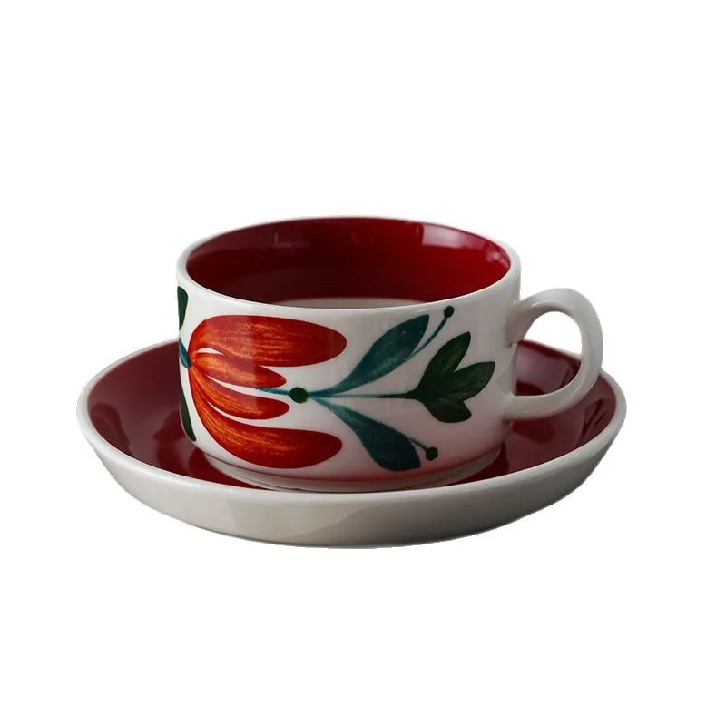 Used Light Luxury Retro Ceramic Coffee Cup and Saucer Set - Perfect for Office Afternoon Tea or Latte - Hibiscus Tea Cup
