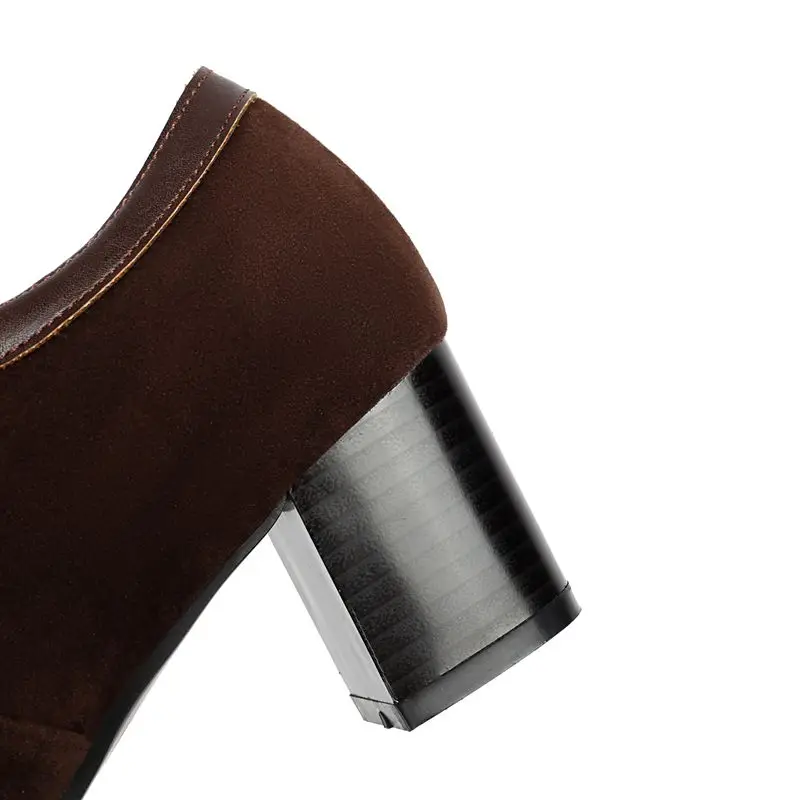 ASILETO 2024 New Office Lady Pumps Round Toe Block Heels 5.5cm Lace Up Flock Suede Plus Size 41 42 43 Mature Daily Women Shoes image 6