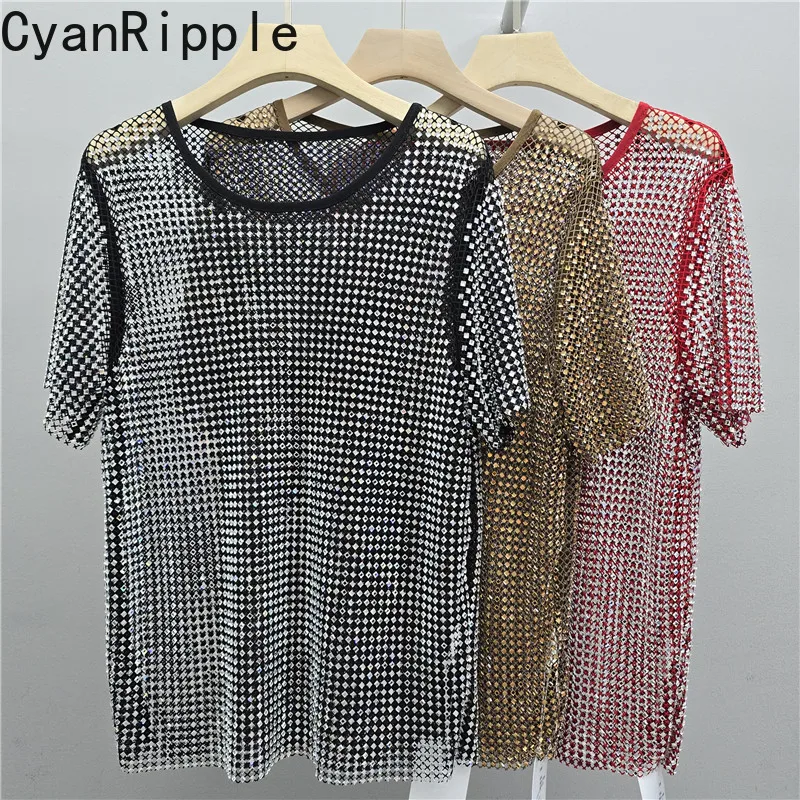 Blingbling Full Diamonds Hollow Out Rhinestone Mesh Women T-shirt Round Neck Perspective Smock Spring Summer Short Sleeve Tees