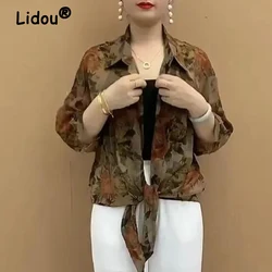 Womens Stylish Vintage Floral Print Lace Up Blouse Summer Lapel 3/4 Sleeve Thin Sunscreen Shirt Ladies Casual Loose Chiffon Tops