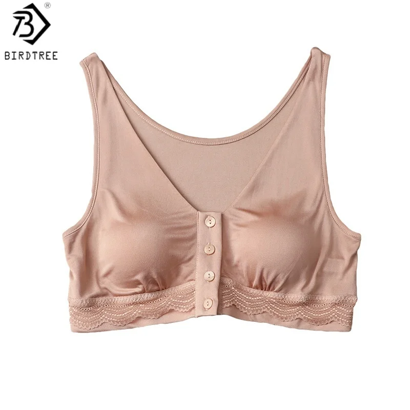 Birdtree, 100% Real Silk Knitted Tank Bra, Women's Front Closure Underwear, Wire Free Thin Padded Intimate, 2026 Autumn A61038JF