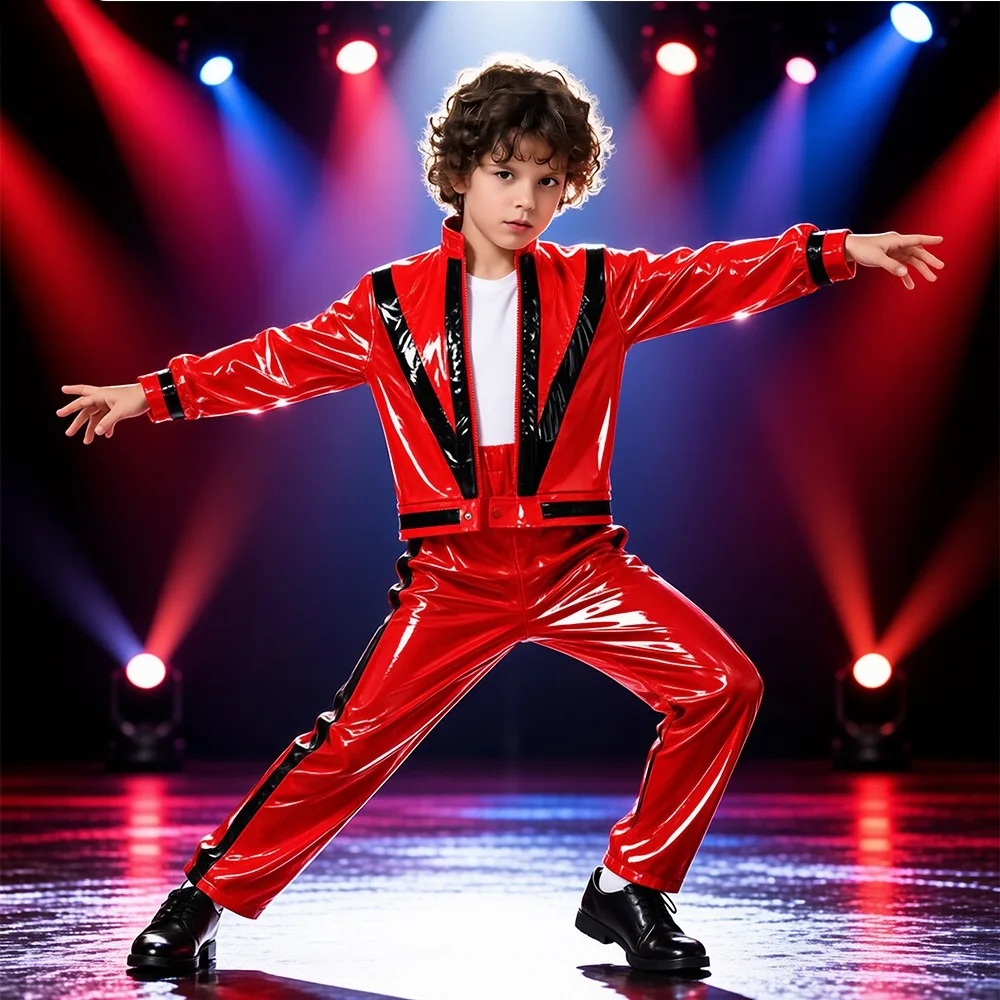 Michael Jackson Performance Costume Red and Black Color Blocked Leather Full Set of Clothing Teenager Stage Performance Hallowee