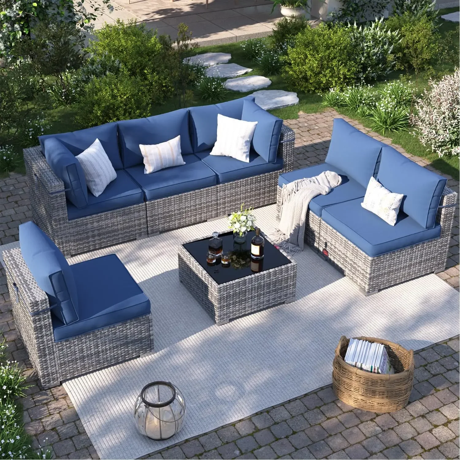 Patio Furniture Set,, All-Weather Wicker Patio Conversation Sets for Backyard (Grey with Navy Cushion)