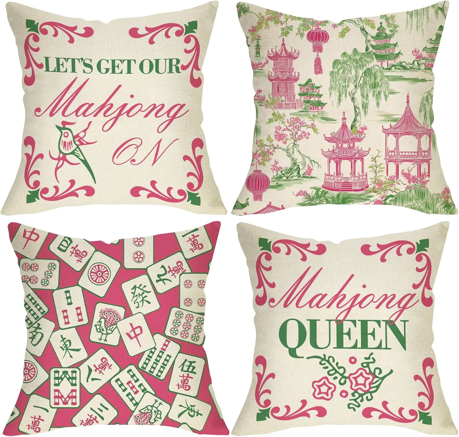 4Pc Mahjong Themed Throw Pillow Covers Chinese Pagoda Mahjong Tile Bird Floral Art Print Cushion Cases Farmhouse Sofa Home Decor