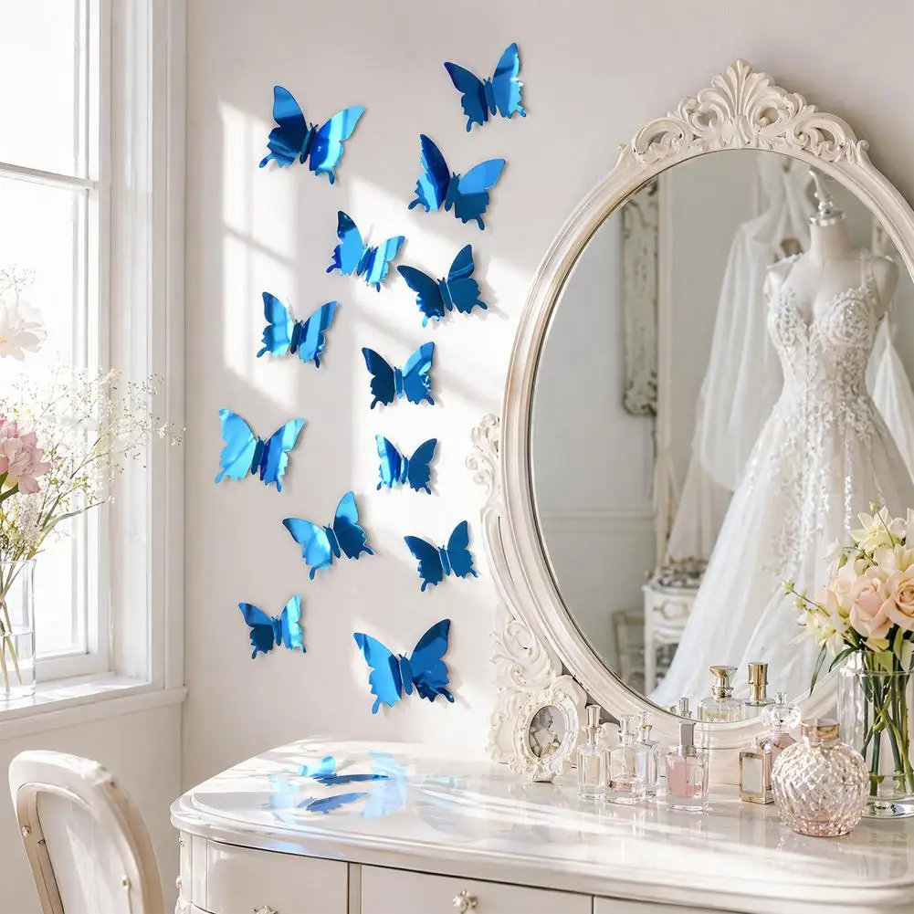 12Pcs Butterfly Wall Decals, DIY 3D Mirror Butterfly Stickers Removable Wall Decals for Birthday Party Bedroom Living Room Decor