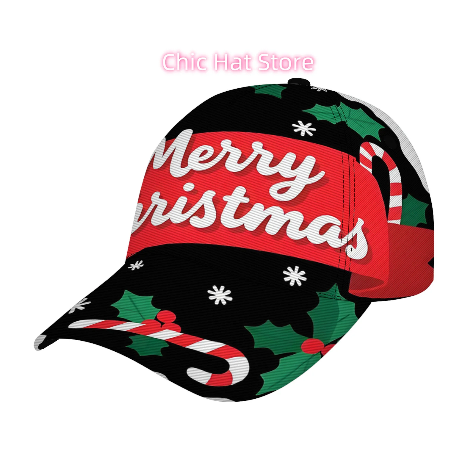 New Product Launch: Christmas & Everyday Dual-Use! Merry Christmas Holly Candy Cane Art Print Hat, Adjustable, Stylish Printed C