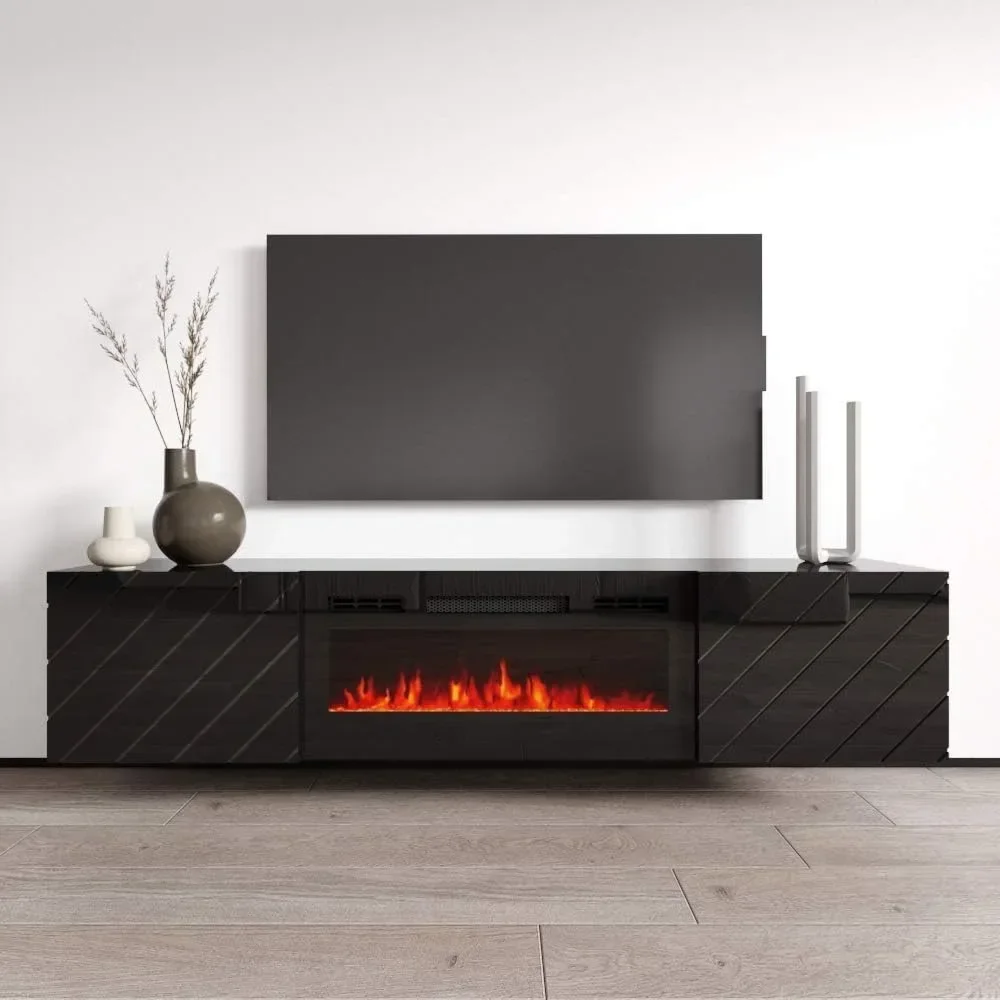 

Floating Fireplace TV Stand for TVs up to 80", Modern High Gloss 72" Entertainment Center, Wall Mounted Electric Fireplace