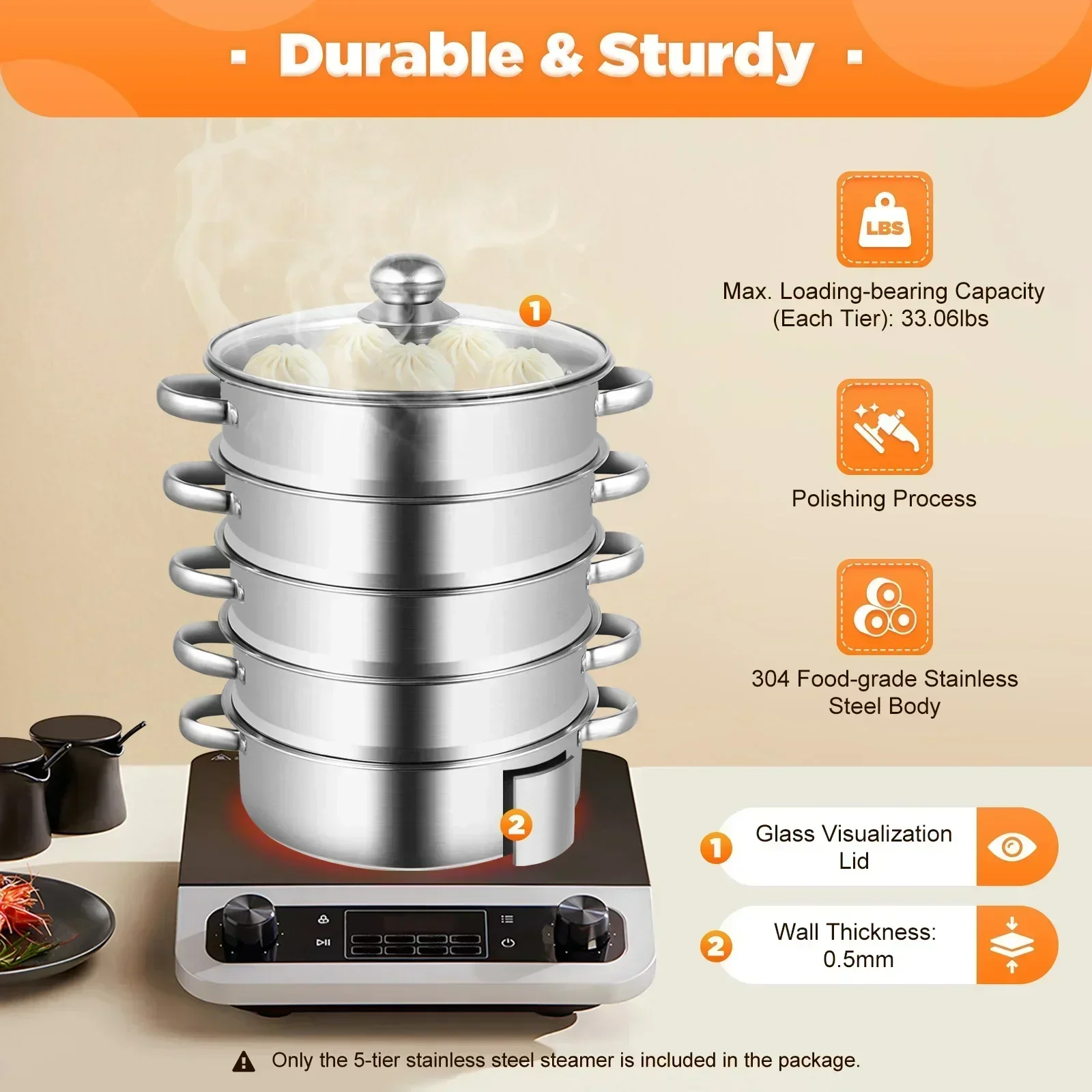 

5 Tier Steamer Maker Food/Vegetable Steamer Cooker 26cm Stainless Steel Steamer Pot for Electric Furnaces Gas Stoves